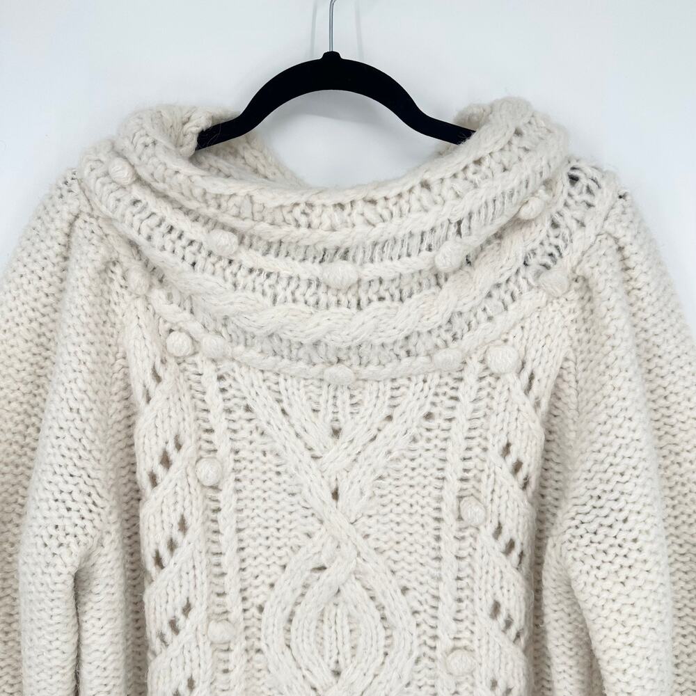 J. Crew Pointelle Pom Pom Sweater Alpaca Wool Blend Chunky Cable Knit Preppy - Picture 5 of 14